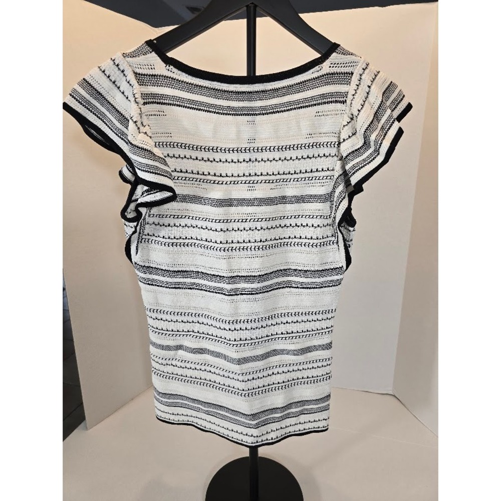 White House Black Market XS Knit‎ Top Black White Striped Flutter Sleeve